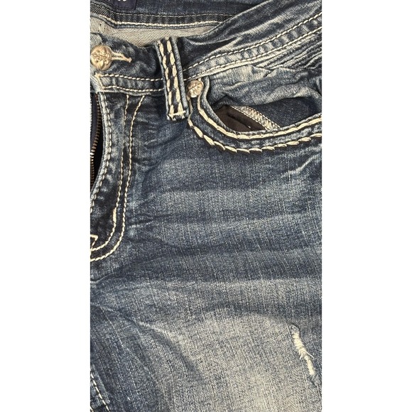 Miss Me Jeans Womens 30 Blue Mid Rise Bootcut Distressed Flap Pockets Rhinestone - Picture 8 of 16